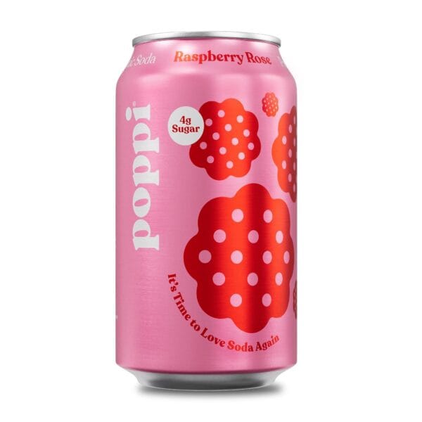 Poppi Sparkling Prebiotic Soda Beverage with Apple Cider Vinegar, Seltzer Water and Fruit Juice, Raspberry Rose Flavor, 12 oz, Pack of 12, Packaging May Vary