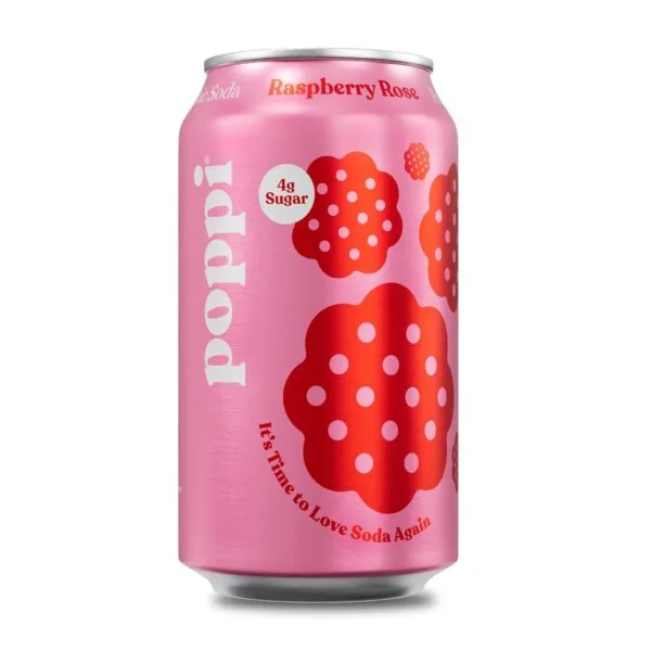 Poppi Sparkling Prebiotic Soda Beverage with Apple Cider Vinegar, Seltzer Water and Fruit Juice, Raspberry Rose Flavor, 12 oz, Pack of 12, Packaging May Vary